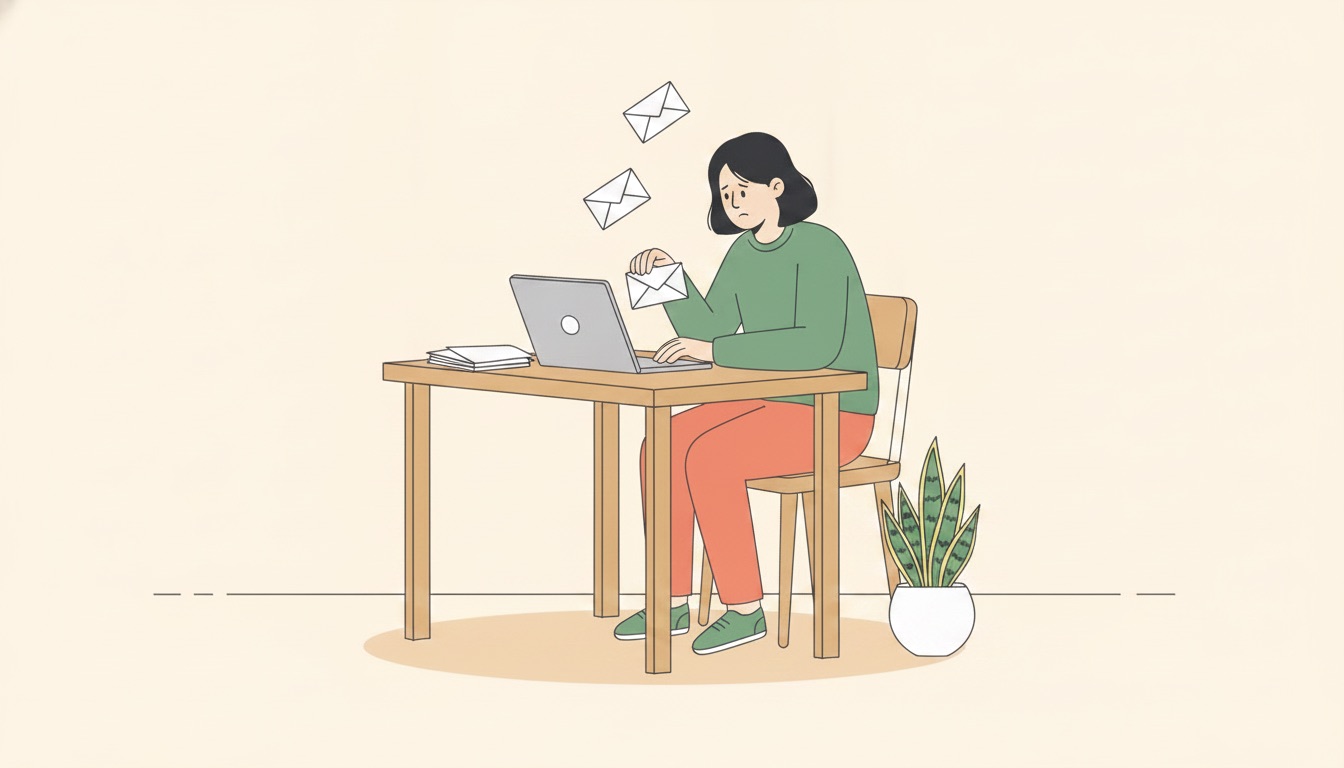 A small business owner at her desk, reminder emails drifting away from her laptop, holding an envelope she has not dealt with and looking uncertain
