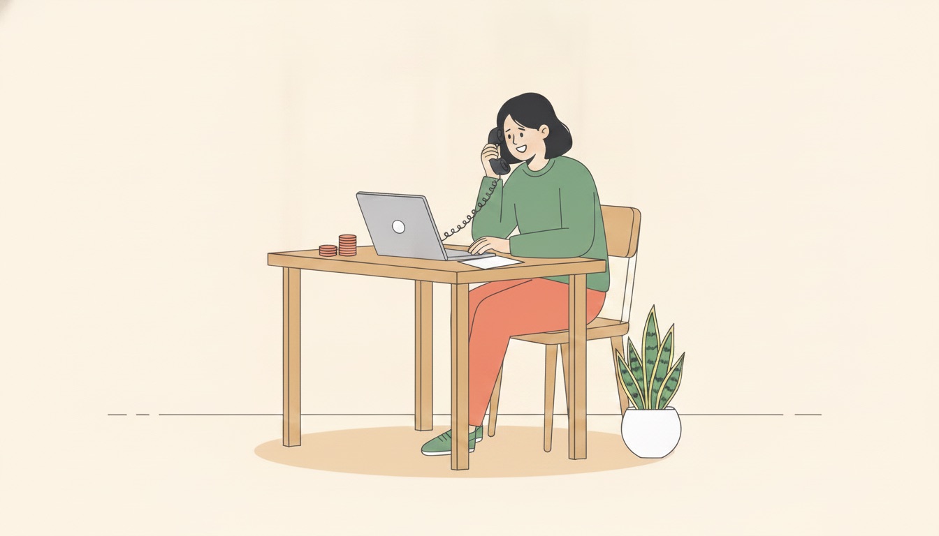 The same owner at the same desk, calm and smiling, on the phone to a customer with the reply answered and a small stack of coins beside her laptop