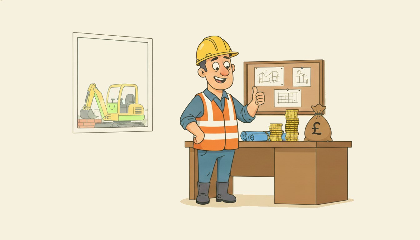 The same builder relaxed in the site office, giving a thumbs up beside a stack of gold coins, invoices cleared
