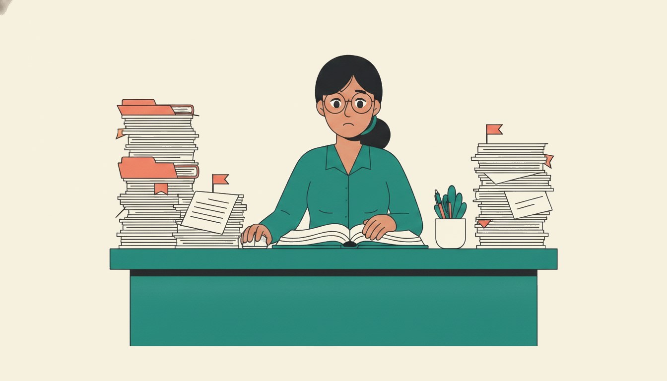 A professional accountant at her desk, busy amid tall stacks of client folders and a pile of flagged overdue invoices