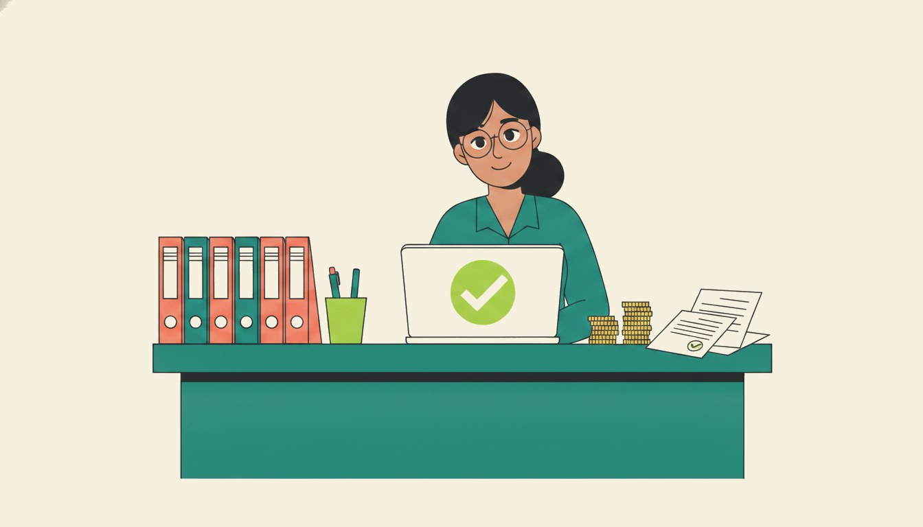 The same accountant relaxed and in control, client folders neatly filed, a laptop showing a green tick, coins and paid invoices on the desk