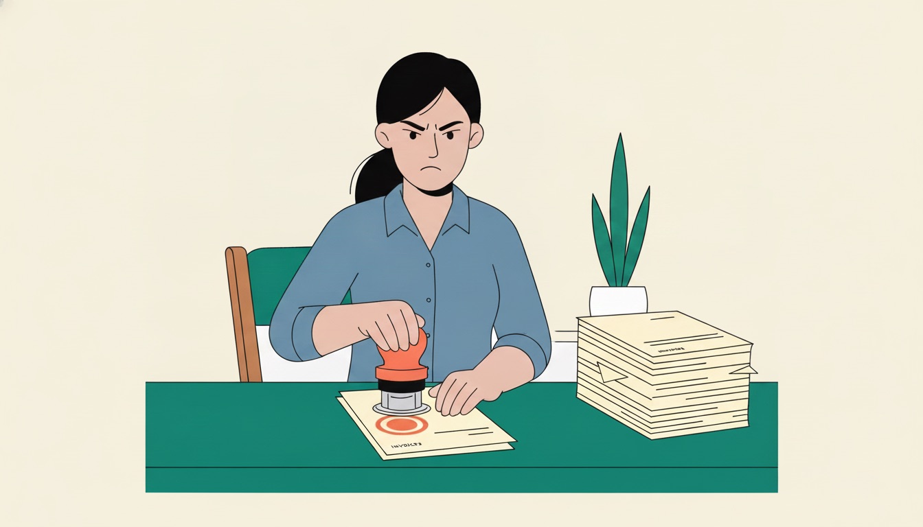 A business owner stamping a late fee on an invoice while the payment still does not come