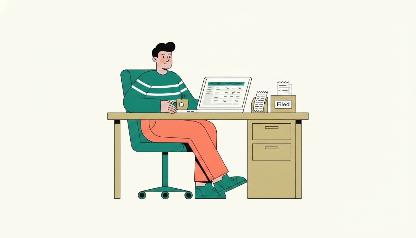 The same sole trader relaxed, digital records tidy on screen, invoices marked paid