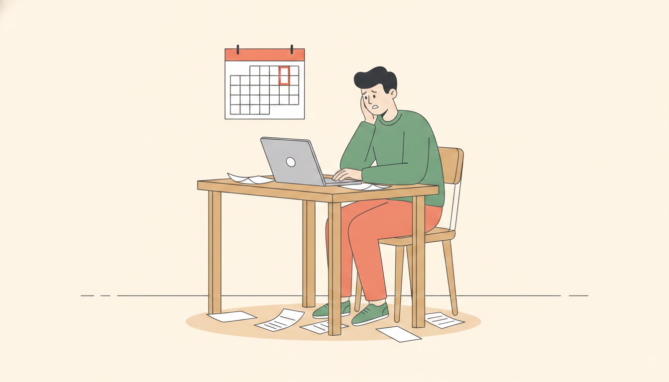 A sole trader at a laptop sending a Making Tax Digital quarterly update to HMRC, with a calendar showing 7 August and a pile of unpaid invoices beside them