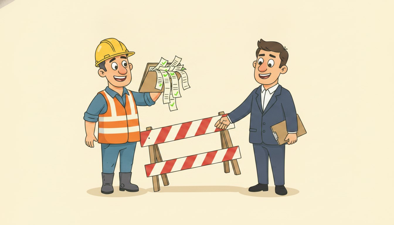 The same subcontractor smiling with a tidy folder of paid invoices, shaking hands with the main contractor as the site barrier is lifted